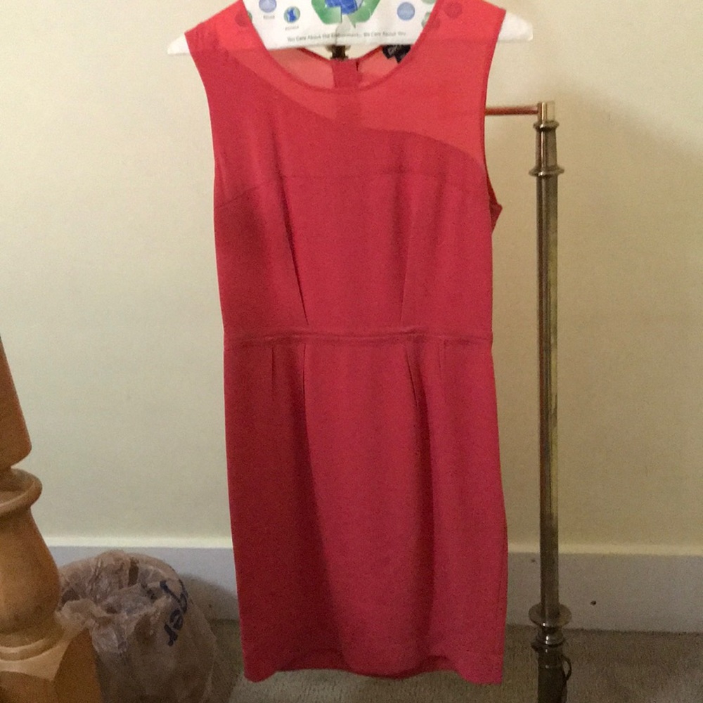 Sleeveless coral pink dress with sheer design panels with darting at waist